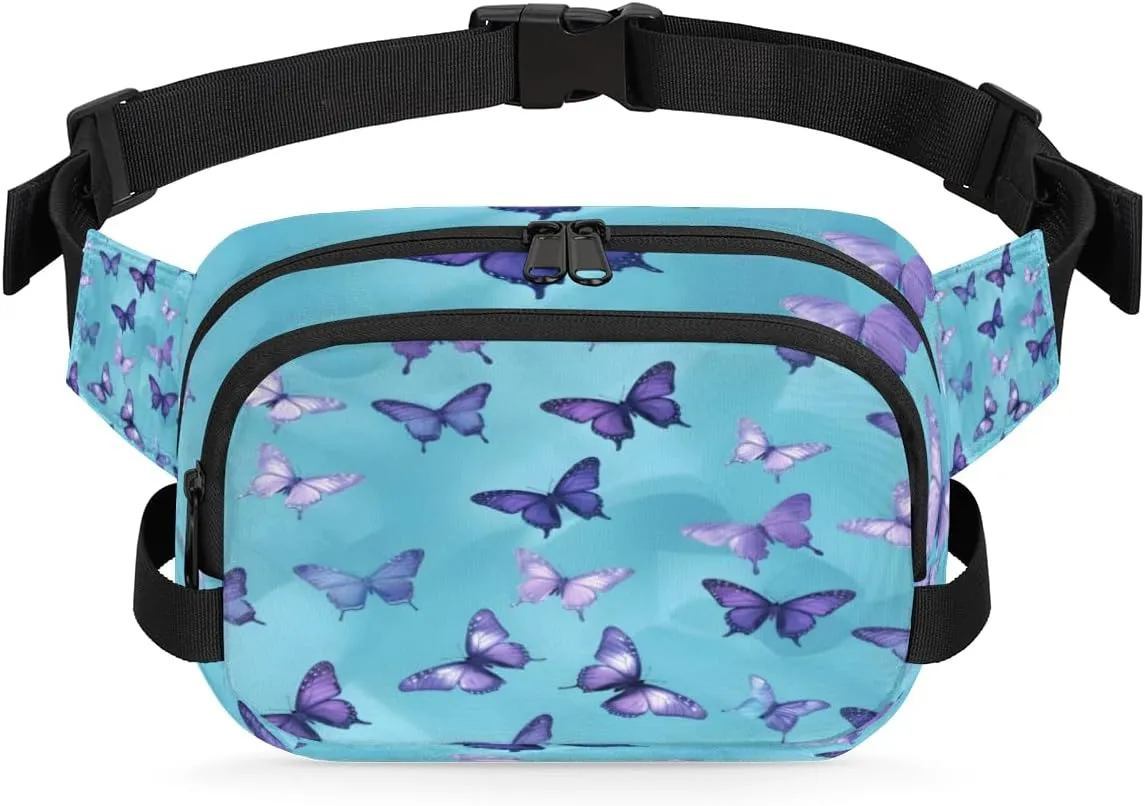 Purple Buttefly Fanny Packs for Women Men Fashion Waist Packs Belt Bag Water-resistant Crossbody Bag Blue Purple Waist Pouch Waist Pack Hip Bum Bag for Hiking Casual Travel Cycling