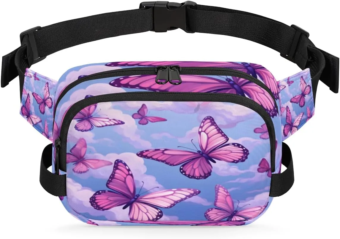 Purple Butterfly Waist Pack Bag Fanny Pack for Women Men Hip Bum Bag Waist Packs with Adjustable Strap for Outdoors Workout Traveling Casual Hiking Cycling Running