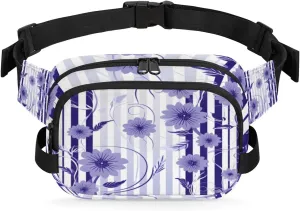 Purple Flower Stripe Fanny Pack Crossbody Bags for Women Men Waist Packs Hip Bum Bag Cross Body Fanny Pack with Adjustable Strap for Running Hiking Travel