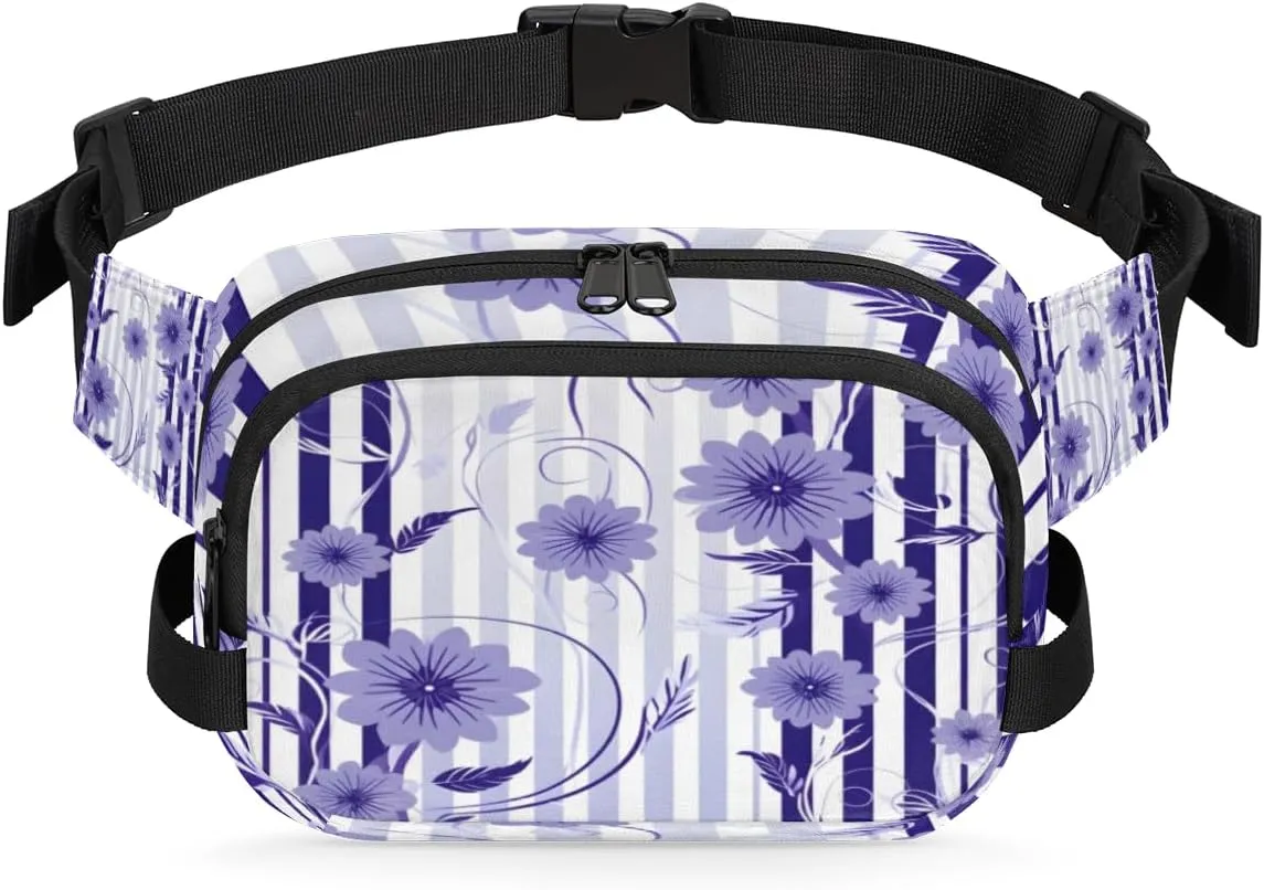 Purple Flower Stripe Fanny Pack Crossbody Bags for Women Men Waist Packs Hip Bum Bag Cross Body Fanny Pack with Adjustable Strap for Running Hiking Travel