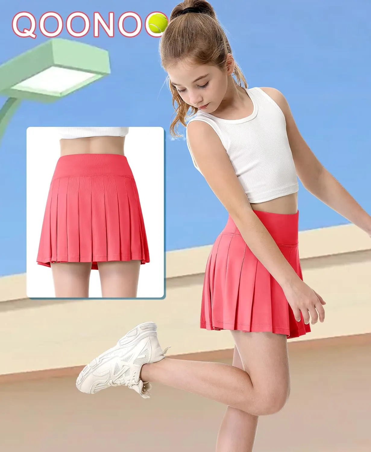 QooNoo Girls Skorts Pleated Tennis Skirts for Girls Athletic Toddler High Waist Activewear Flowy Kids Golf Cheer Skirts