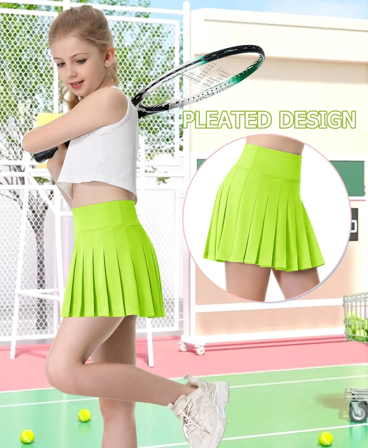 QooNoo Girls Skorts Pleated Tennis Skirts for Girls Athletic Toddler High Waist Activewear Flowy Kids Golf Cheer Skirts