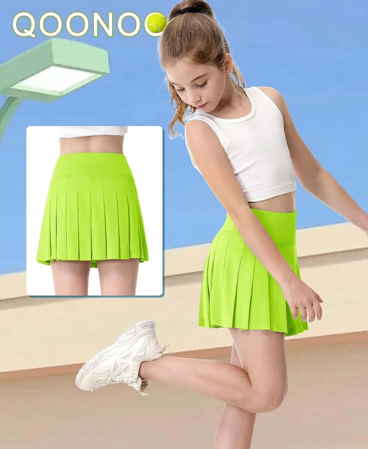 QooNoo Girls Skorts Pleated Tennis Skirts for Girls Athletic Toddler High Waist Activewear Flowy Kids Golf Cheer Skirts
