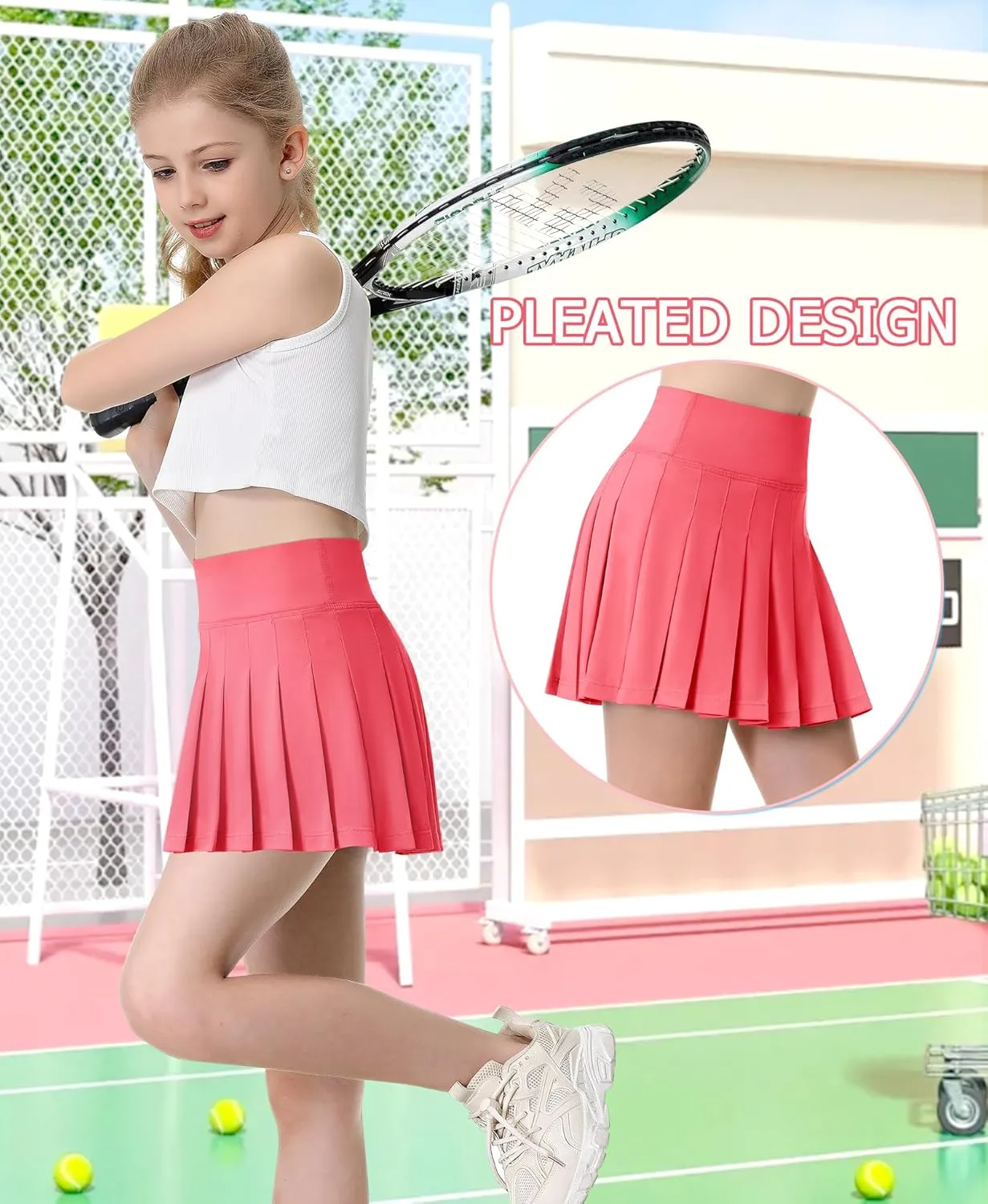 QooNoo Girls Skorts Pleated Tennis Skirts for Girls Athletic Toddler High Waist Activewear Flowy Kids Golf Cheer Skirts