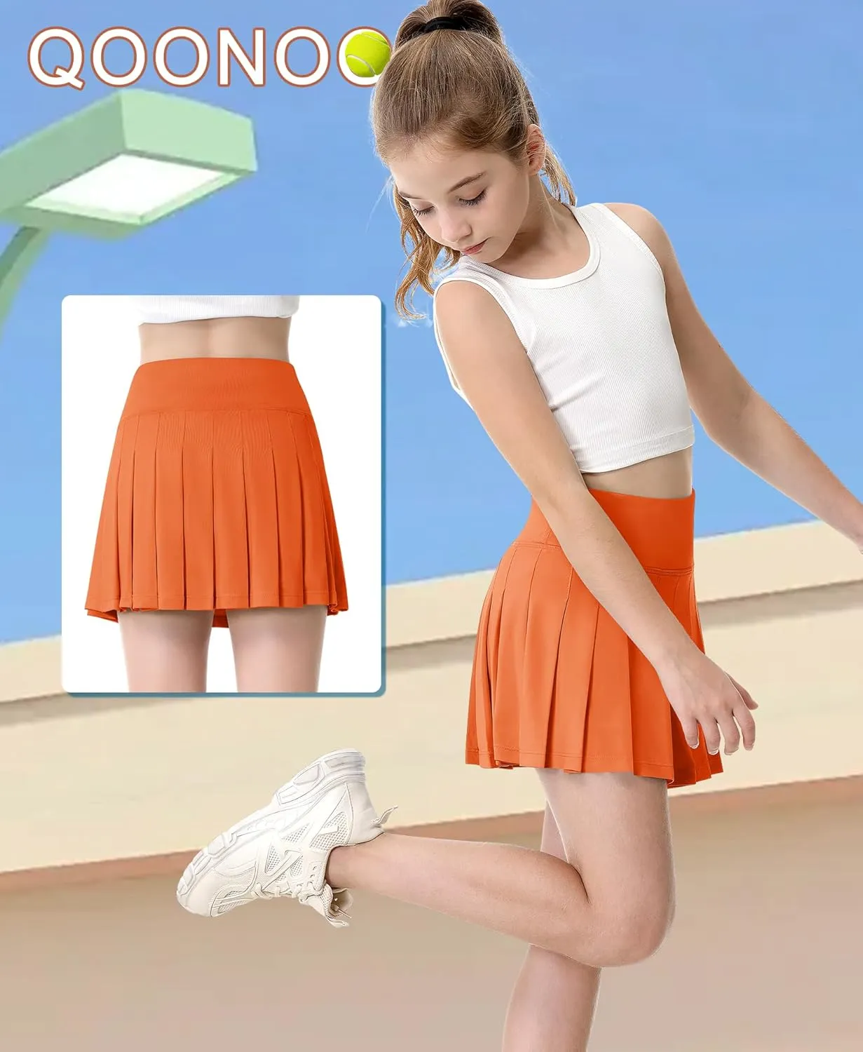 QooNoo Girls Skorts Pleated Tennis Skirts for Girls Athletic Toddler High Waist Activewear Flowy Kids Golf Cheer Skirts