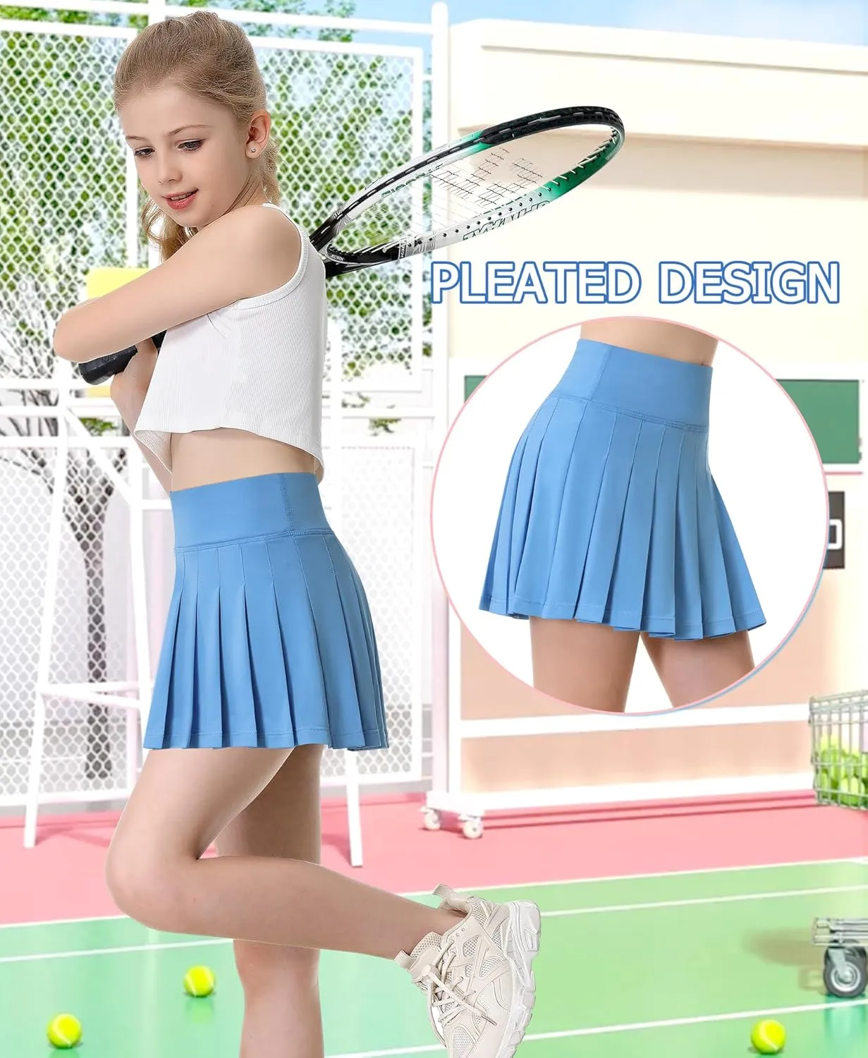 QooNoo Girls Skorts Pleated Tennis Skirts for Girls Athletic Toddler High Waist Activewear Flowy Kids Golf Cheer Skirts