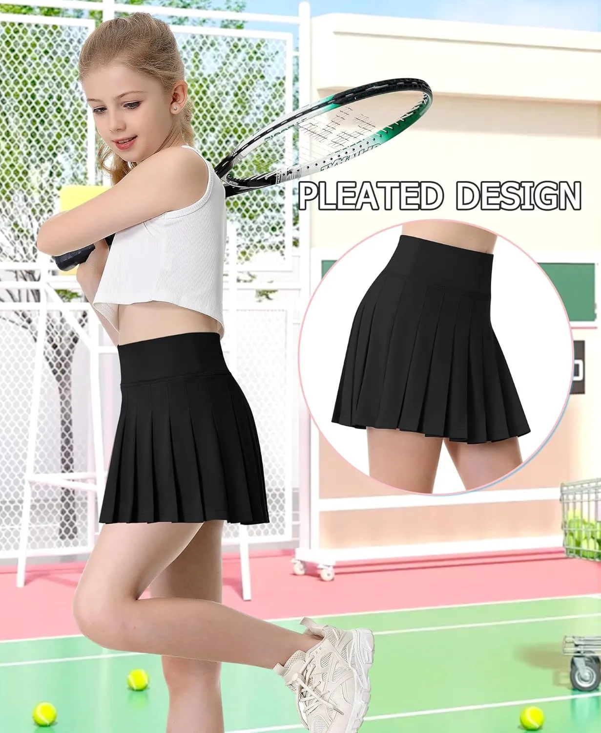 QooNoo Girls Skorts Pleated Tennis Skirts for Girls Athletic Toddler High Waist Activewear Flowy Kids Golf Cheer Skirts