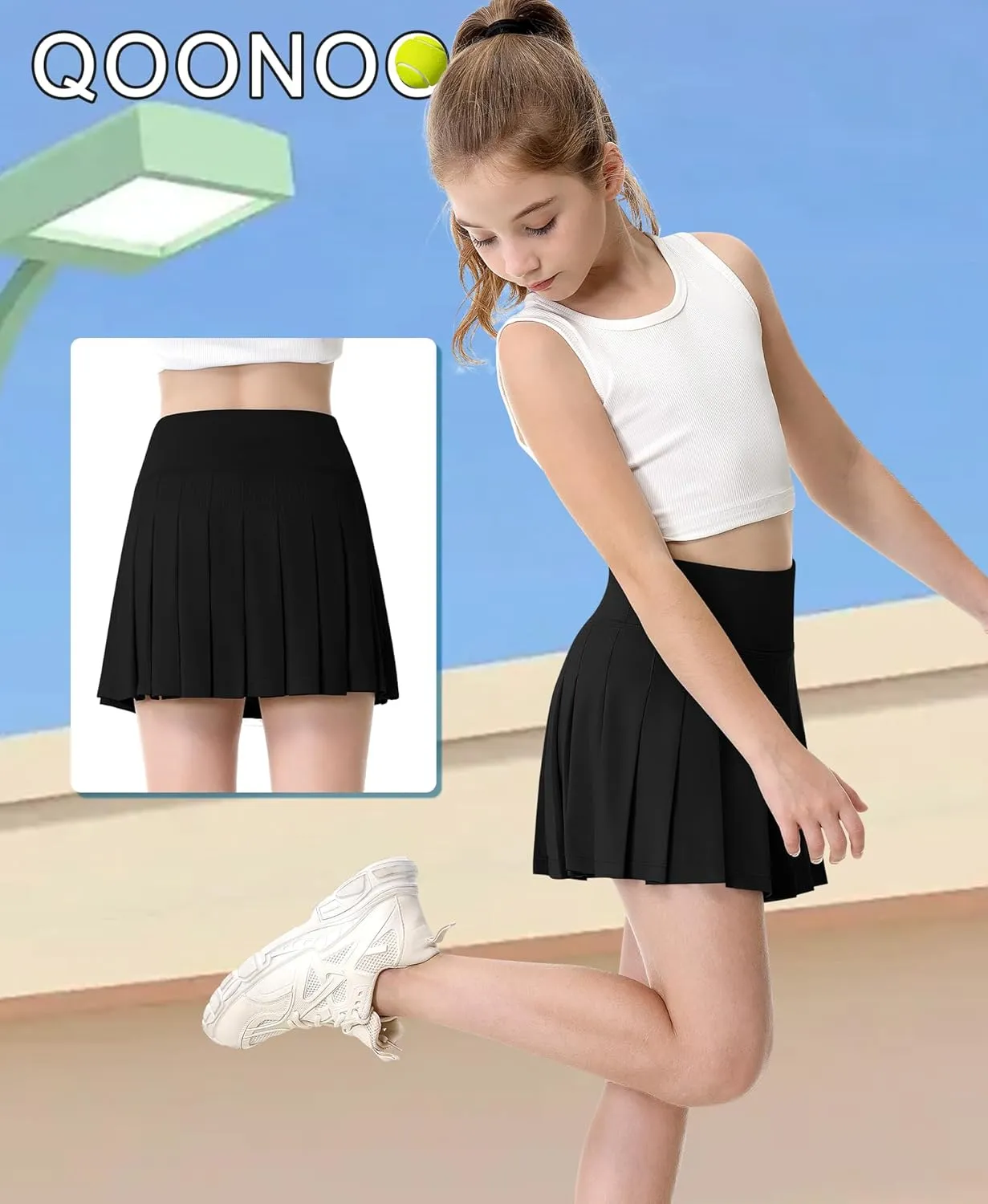 QooNoo Girls Skorts Pleated Tennis Skirts for Girls Athletic Toddler High Waist Activewear Flowy Kids Golf Cheer Skirts