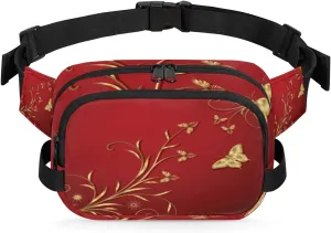 Red Gold Butterfly Flower Fanny Pack Crossbody Bags for Women Men Waist Packs Hip Bum Bag Cross Body Fanny Pack with Adjustable Strap for Running Hiking Travel