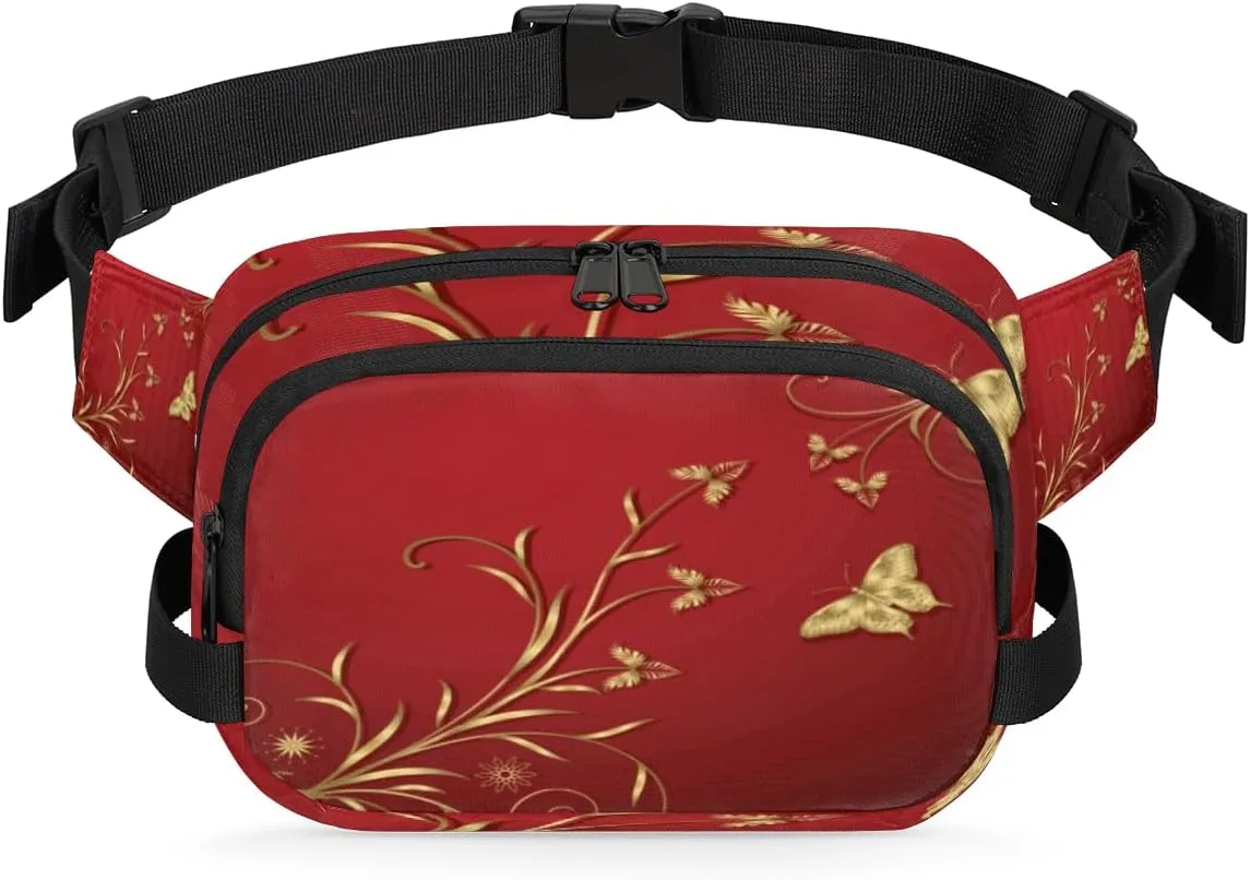 Red Gold Butterfly Flower Fanny Pack Crossbody Bags for Women Men Waist Packs Hip Bum Bag Cross Body Fanny Pack with Adjustable Strap for Running Hiking Travel