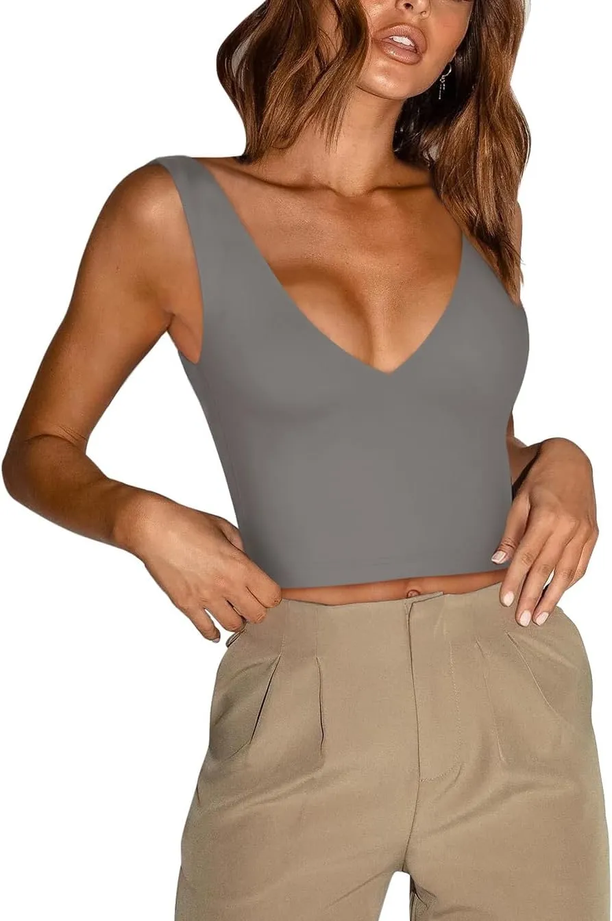 REORIA Butsmooth Womens Trendy Sexy Plunge Deep V Neck Sleeveless V Backless Slim Fit Going Out Crop Tank Tops