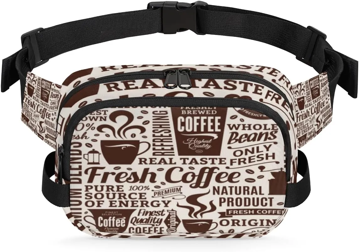 Retro Coffee Pattern Fanny Packs for Women Men Fashion Waist Packs Belt Bag Water-resistant Crossbody Bag Waist Pouch Waist Pack Hip Bum Bag for Hiking Casual Travel Cycling