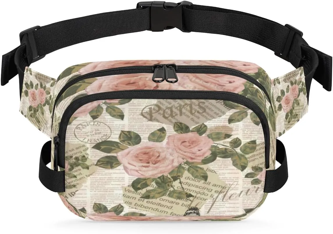 Retro Rose Book Fanny Packs for Women Men Fashion Waist Packs Belt Bag Water-resistant Crossbody Bag Waist Pouch Waist Pack Hip Bum Bag for Hiking Casual Travel Cycling