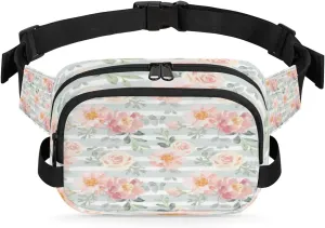 Rose Flower Stripe Fanny Pack Crossbody Bags for Women Men Waist Packs Hip Bum Bag Cross Body Fanny Pack with Adjustable Strap for Running Hiking Travel