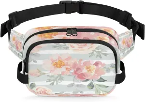 Rose Flower Stripe Fanny Packs for Women Men Fashion Waist Packs Belt Bag Water-resistant Crossbody Bag Waist Pouch Waist Pack Hip Bum Bag for Hiking Casual Travel Cycling