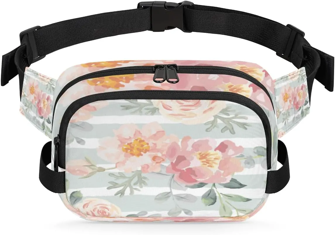 Rose Flower Stripe Fanny Packs for Women Men Fashion Waist Packs Belt Bag Water-resistant Crossbody Bag Waist Pouch Waist Pack Hip Bum Bag for Hiking Casual Travel Cycling