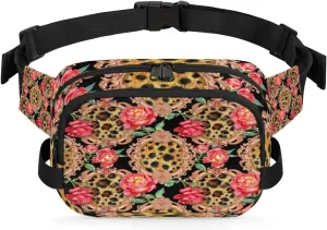 Rose Leopard Fanny Packs for Women Men Fashion Waist Packs Belt Bag Water-resistant Crossbody Bag Waist Pouch Waist Pack Hip Bum Bag for Hiking Casual Travel Cycling