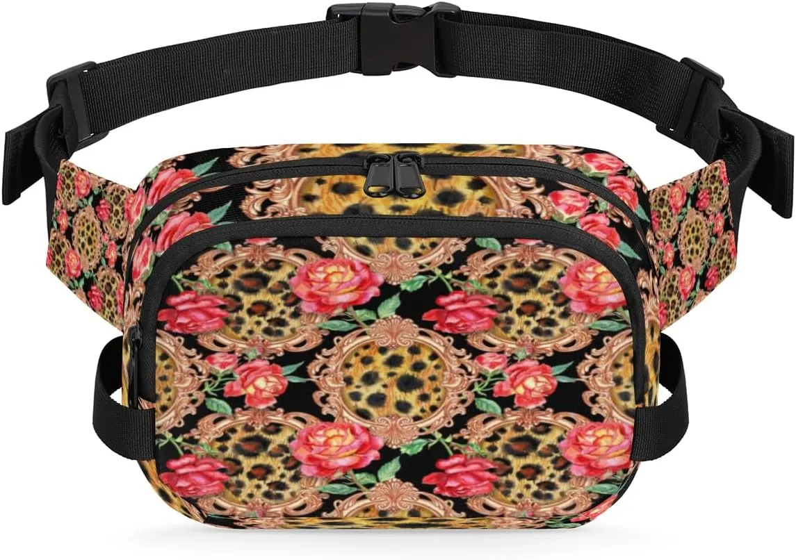 Rose Leopard Fanny Packs for Women Men Fashion Waist Packs Belt Bag Water-resistant Crossbody Bag Waist Pouch Waist Pack Hip Bum Bag for Hiking Casual Travel Cycling
