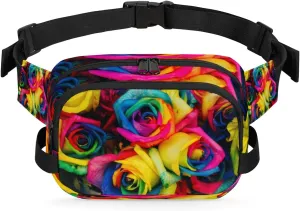 Rose Rainbow Flower Fanny Packs for Women Men Fashion Waist Packs Belt Bag Water-resistant Crossbody Bag Waist Pouch Waist Pack Hip Bum Bag for Hiking Casual Travel Cycling