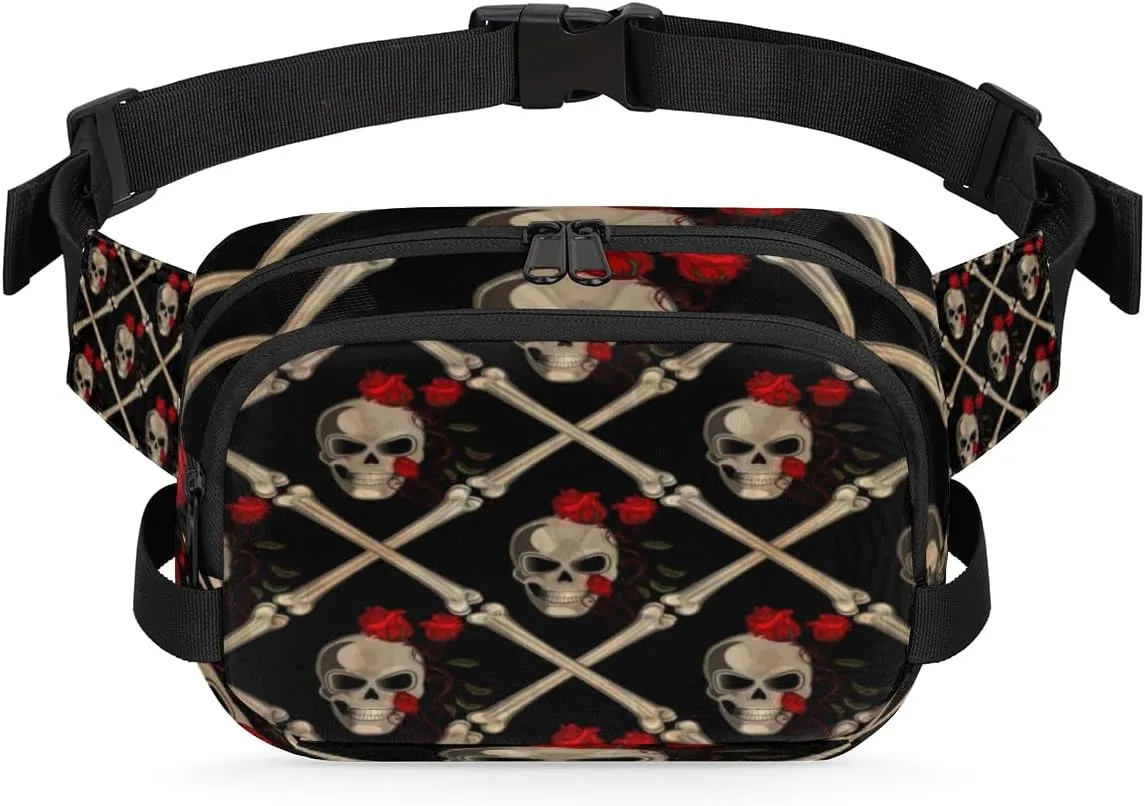 Rose Skull Fanny Packs for Women Men Fashion Waist Packs Belt Bag Water-resistant Crossbody Bag Skull Art Waist Pouch Waist Pack Hip Bum Bag for Hiking Casual Travel Cycling