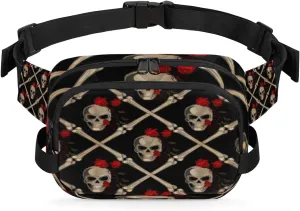 Rose Skull Fanny Packs for Women Men Fashion Waist Packs Belt Bag Water-resistant Crossbody Bag Skull Art Waist Pouch Waist Pack Hip Bum Bag for Hiking Casual Travel Cycling