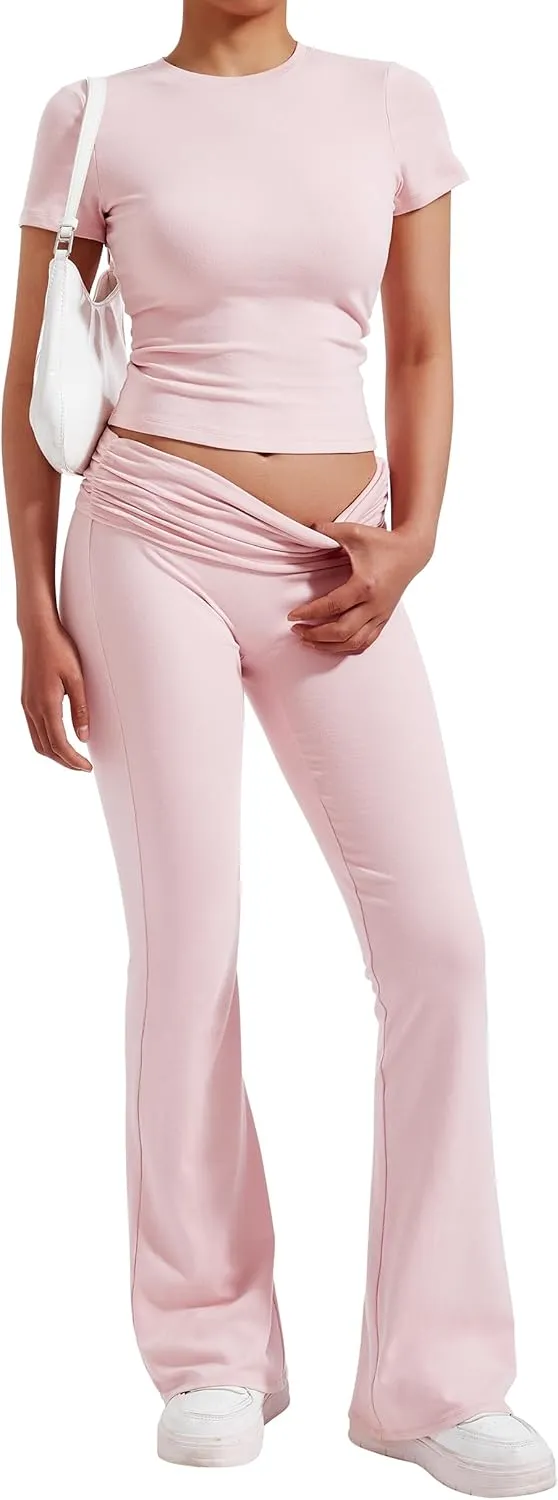 RXRXCOCO Women's 2 Piece Lounge Sets Y2K Crop Tops Fold Over Flare Pants Casual Outfits Matching Sets