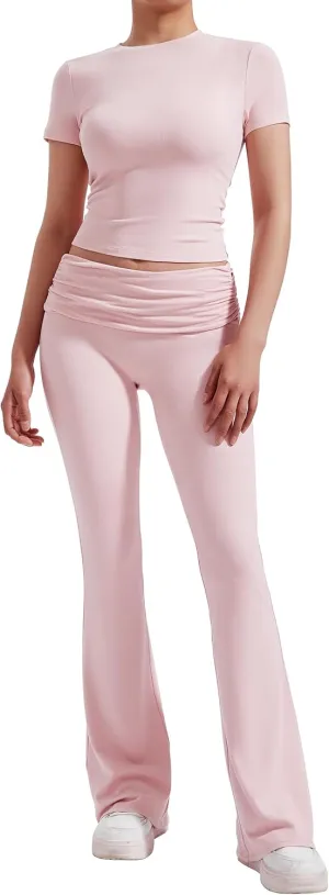 RXRXCOCO Women's 2 Piece Lounge Sets Y2K Crop Tops Fold Over Flare Pants Casual Outfits Matching Sets