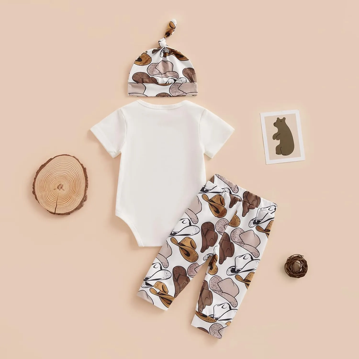SAYOO Western Newborn Baby Boys Cowboy Outfits Cow Print Letter Bodysuit Long Leggings Cap 3pcs Infant Boy Country Clothes