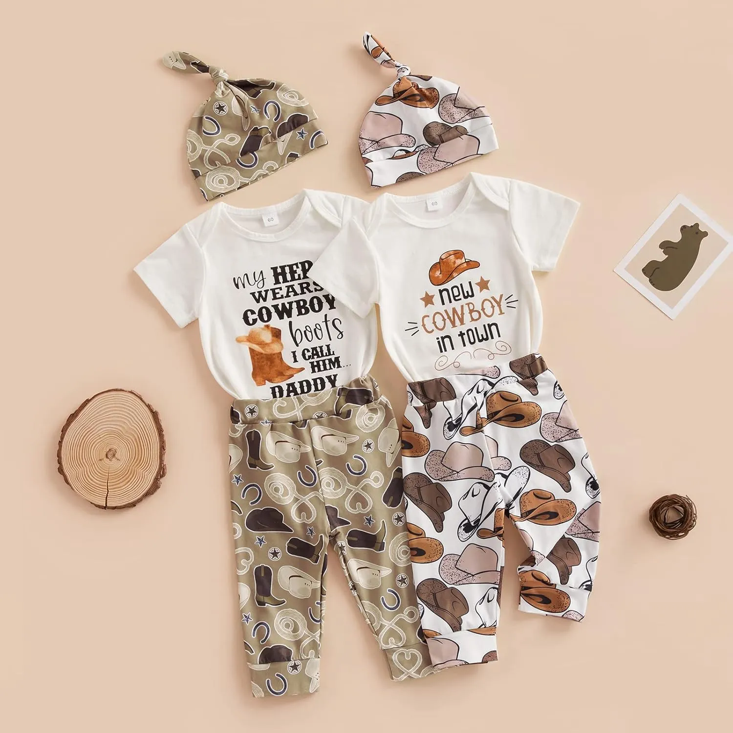 SAYOO Western Newborn Baby Boys Cowboy Outfits Cow Print Letter Bodysuit Long Leggings Cap 3pcs Infant Boy Country Clothes