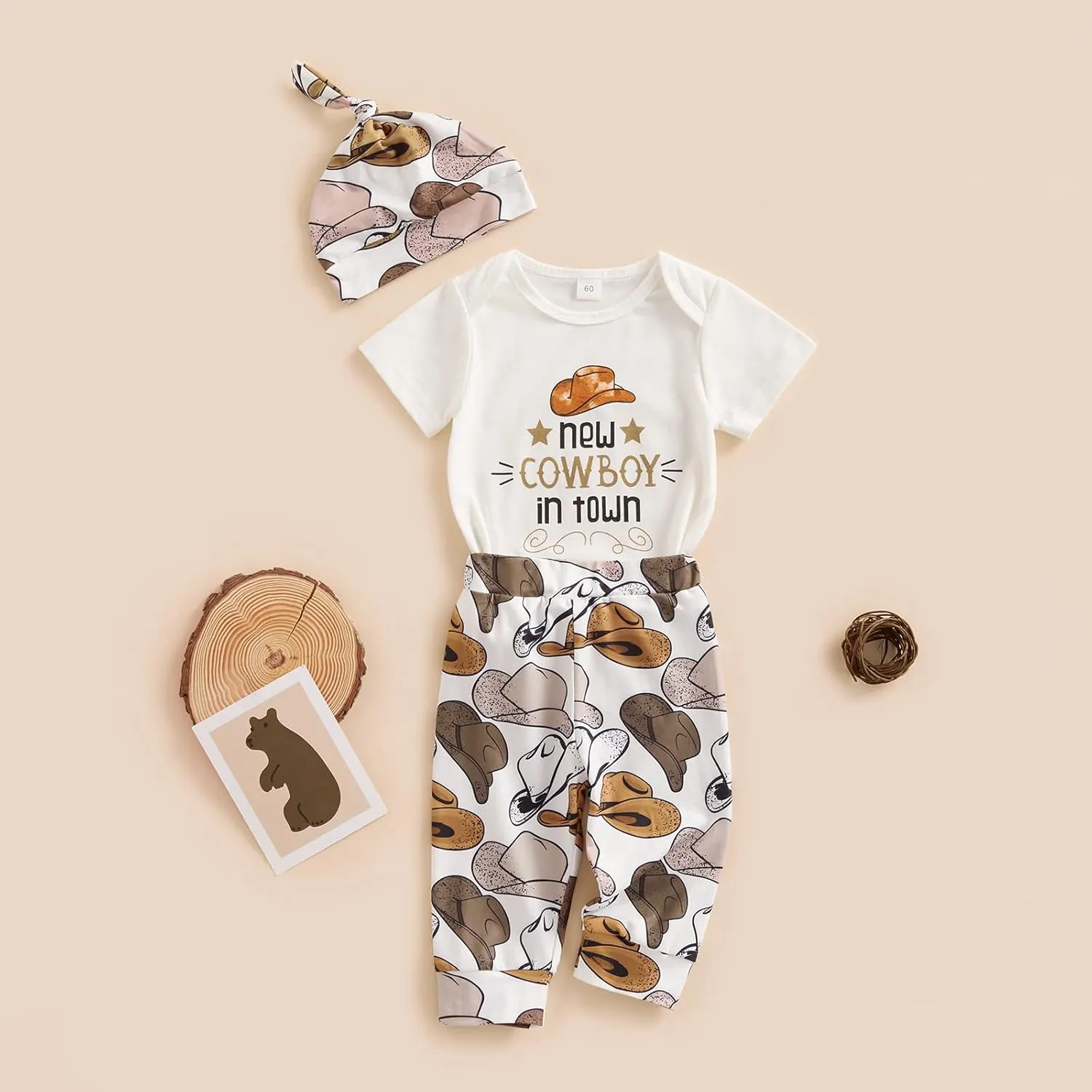 SAYOO Western Newborn Baby Boys Cowboy Outfits Cow Print Letter Bodysuit Long Leggings Cap 3pcs Infant Boy Country Clothes