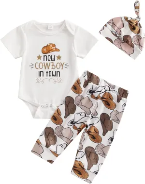 SAYOO Western Newborn Baby Boys Cowboy Outfits Cow Print Letter Bodysuit Long Leggings Cap 3pcs Infant Boy Country Clothes