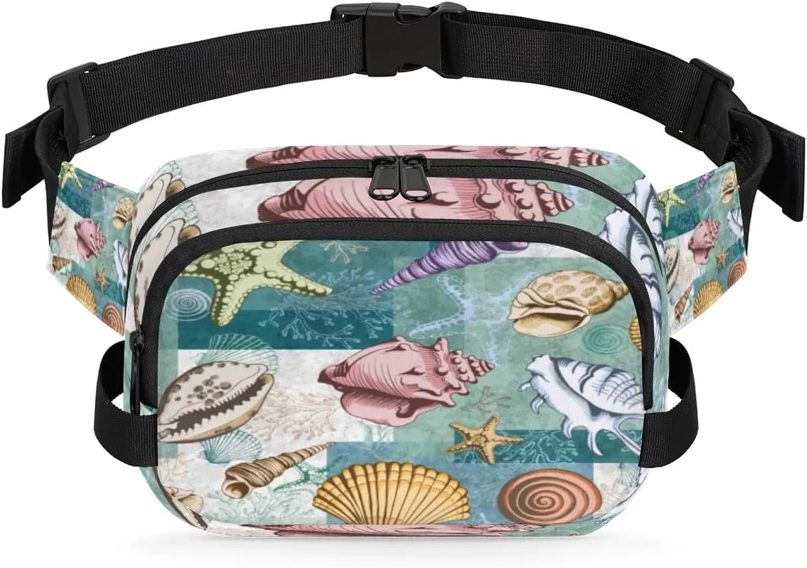 Seashells Corals Fanny Pack Crossbody Bags for Women Men Waist Packs Starfishes Hip Bum Bag Cross Body Fanny Pack with Adjustable Strap for Running Hiking Travel
