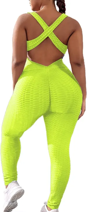 SEASUM Women Yoga Jumpsuit Backless One Piece Workout Catsuit Bodysuit Sleeveless Textured Gym Bodycon Romper