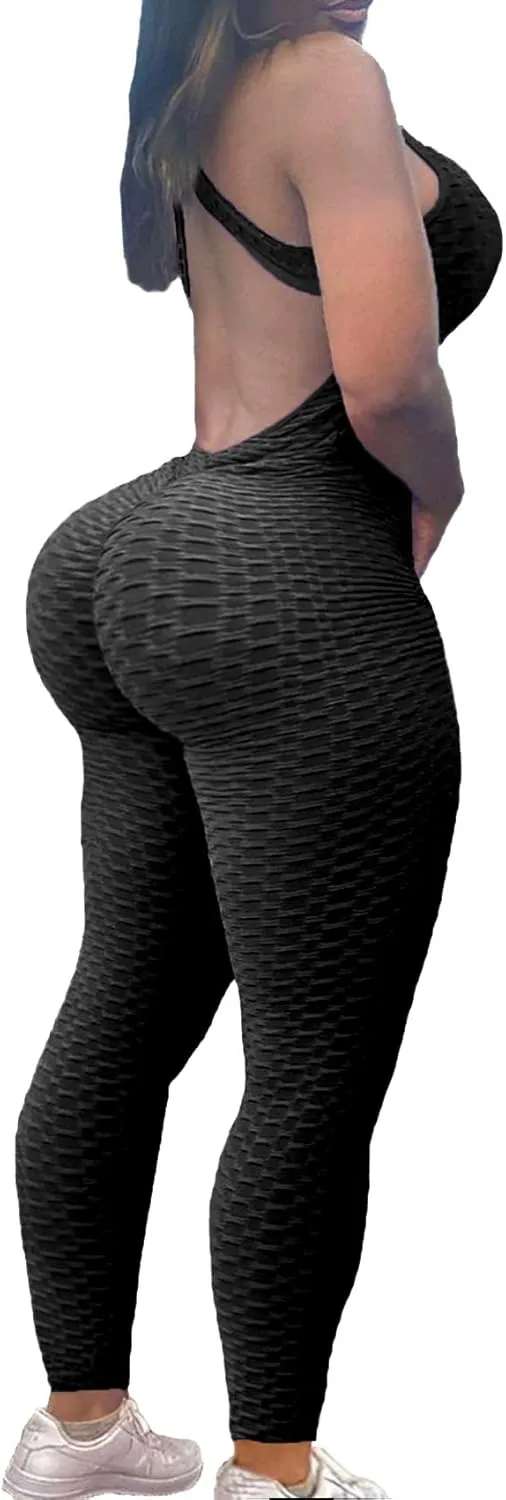 SEASUM Women Yoga Jumpsuit Backless One Piece Workout Catsuit Bodysuit Sleeveless Textured Gym Bodycon Romper