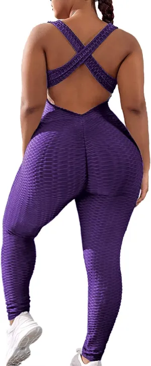 SEASUM Women Yoga Jumpsuit Backless One Piece Workout Catsuit Bodysuit Sleeveless Textured Gym Bodycon Romper