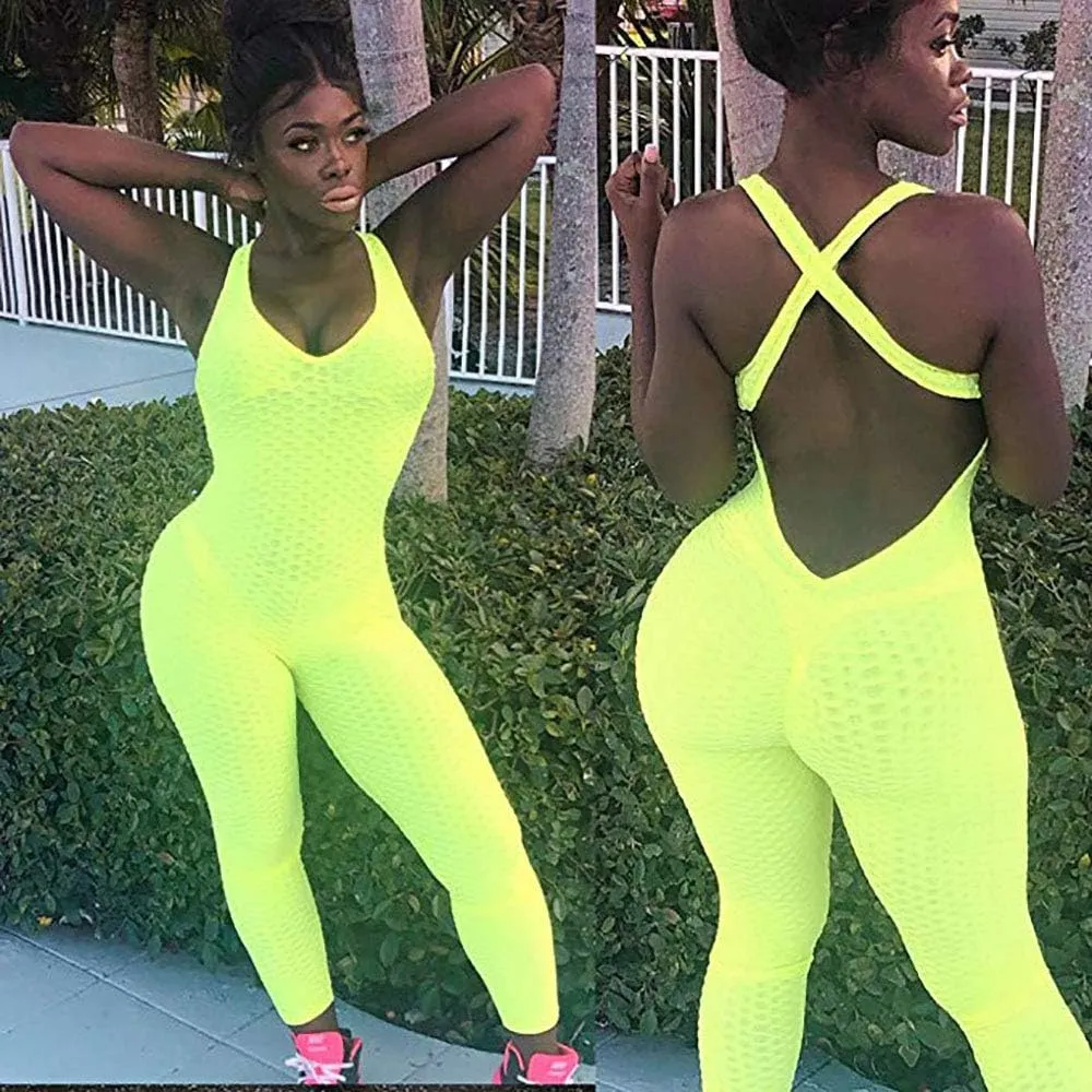 SEASUM Women Yoga Jumpsuit Backless One Piece Workout Catsuit Bodysuit Sleeveless Textured Gym Bodycon Romper