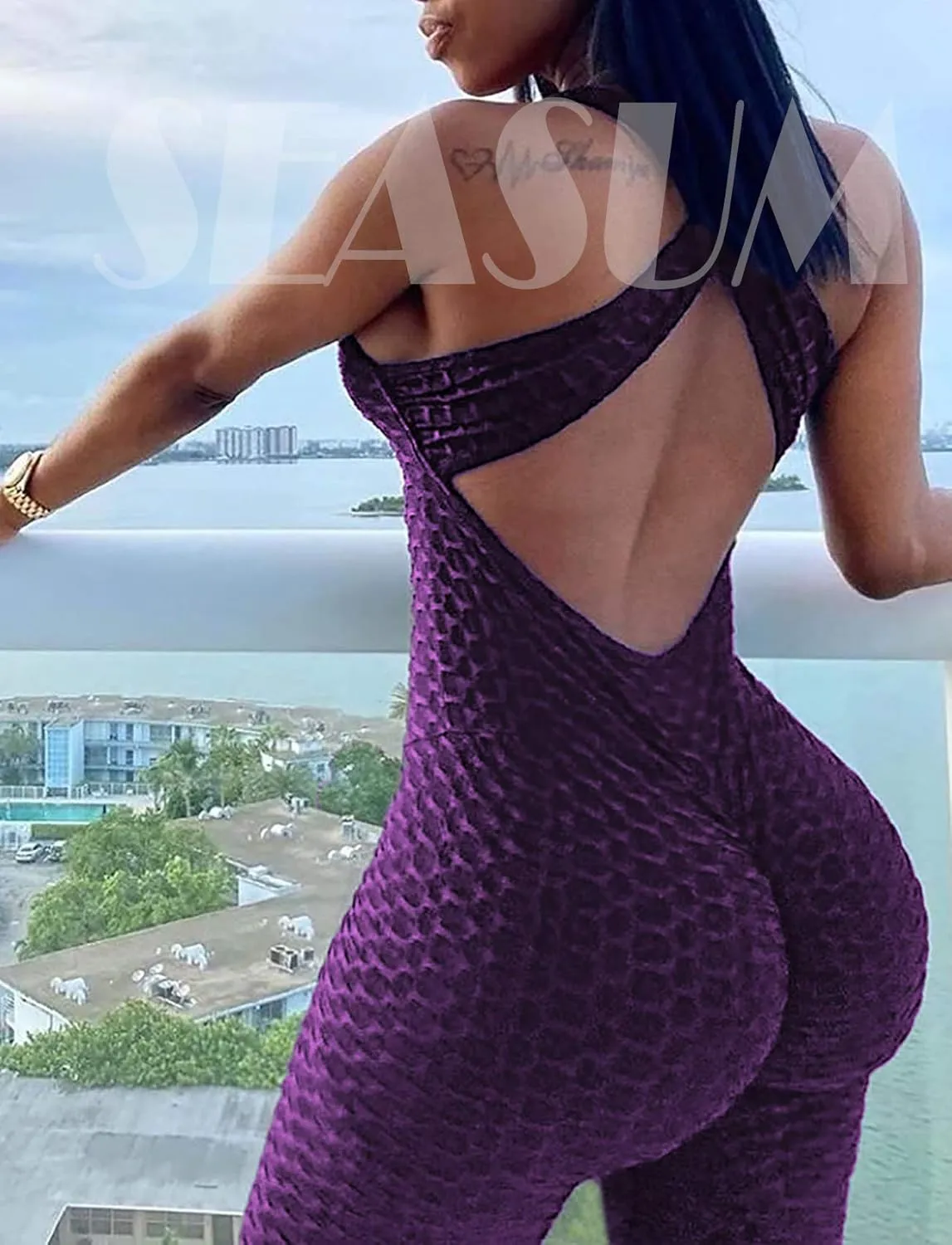 SEASUM Women Yoga Jumpsuit Backless One Piece Workout Catsuit Bodysuit Sleeveless Textured Gym Bodycon Romper