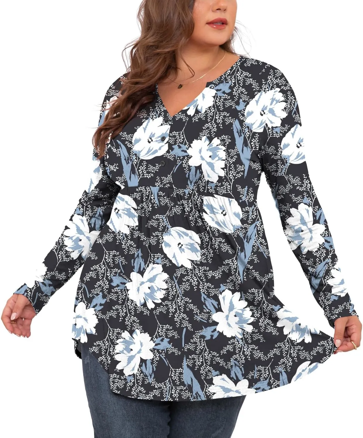 SHIJIALI Women's Plus Size Henley Shirts V Neck Button Tunic Tops Casual Long Sleeve Swing Flowy Blouse