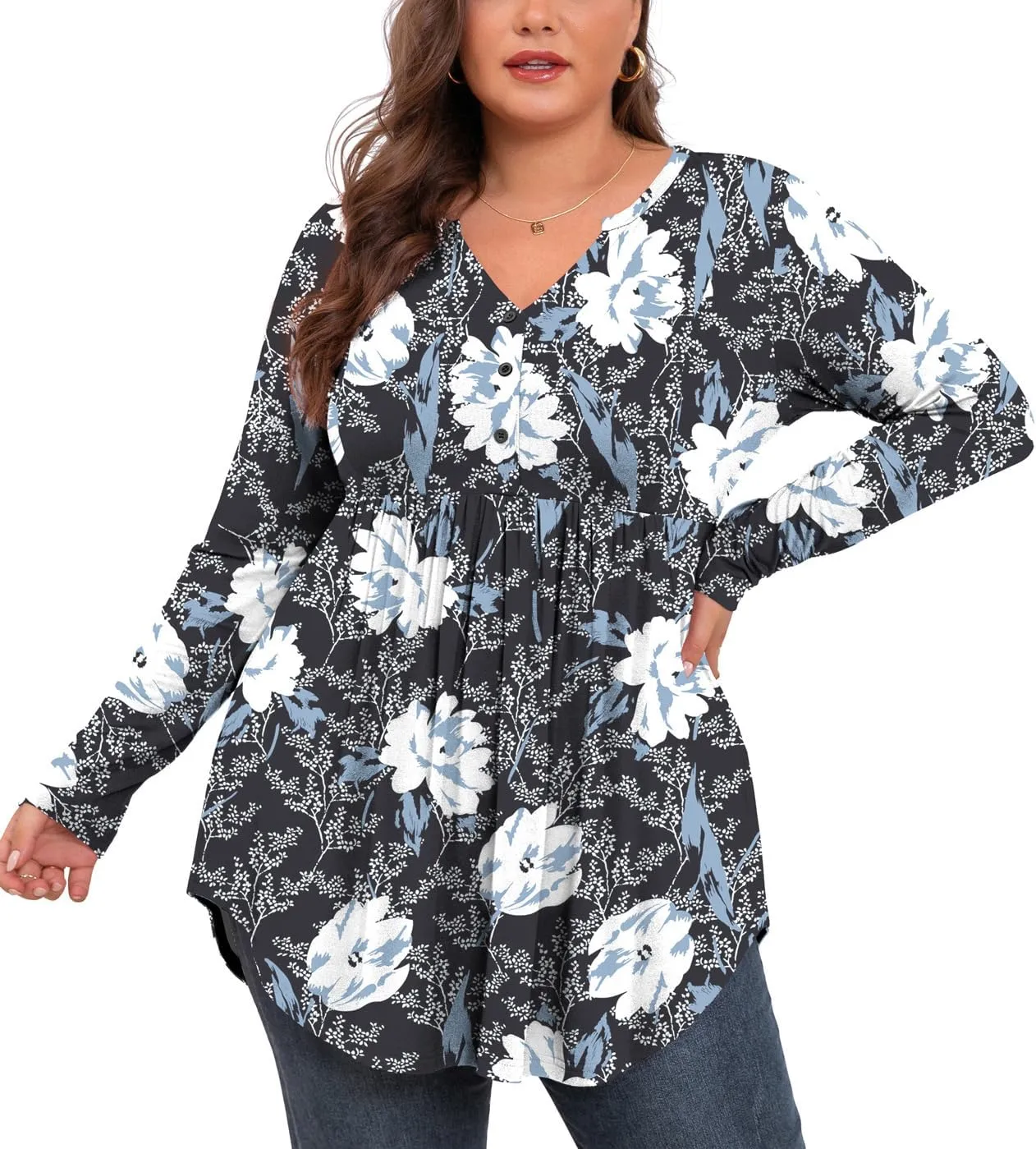 SHIJIALI Women's Plus Size Henley Shirts V Neck Button Tunic Tops Casual Long Sleeve Swing Flowy Blouse