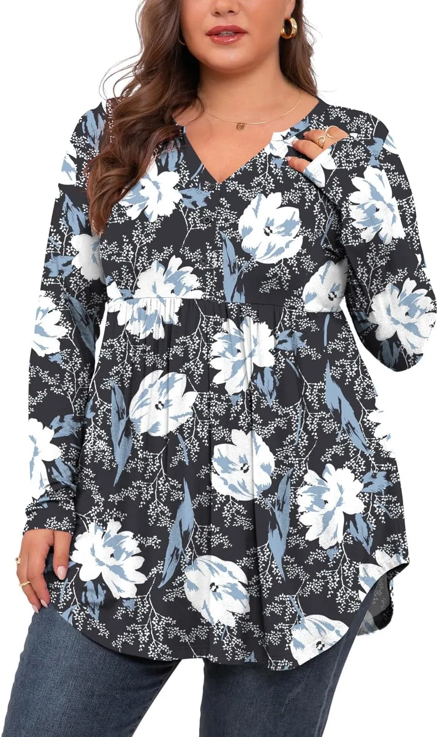 SHIJIALI Women's Plus Size Henley Shirts V Neck Button Tunic Tops Casual Long Sleeve Swing Flowy Blouse