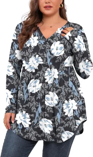 SHIJIALI Women's Plus Size Henley Shirts V Neck Button Tunic Tops Casual Long Sleeve Swing Flowy Blouse