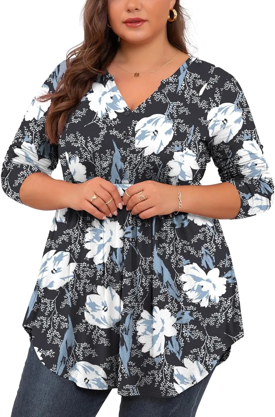 SHIJIALI Women's Plus Size Henley Shirts V Neck Button Tunic Tops Casual Long Sleeve Swing Flowy Blouse