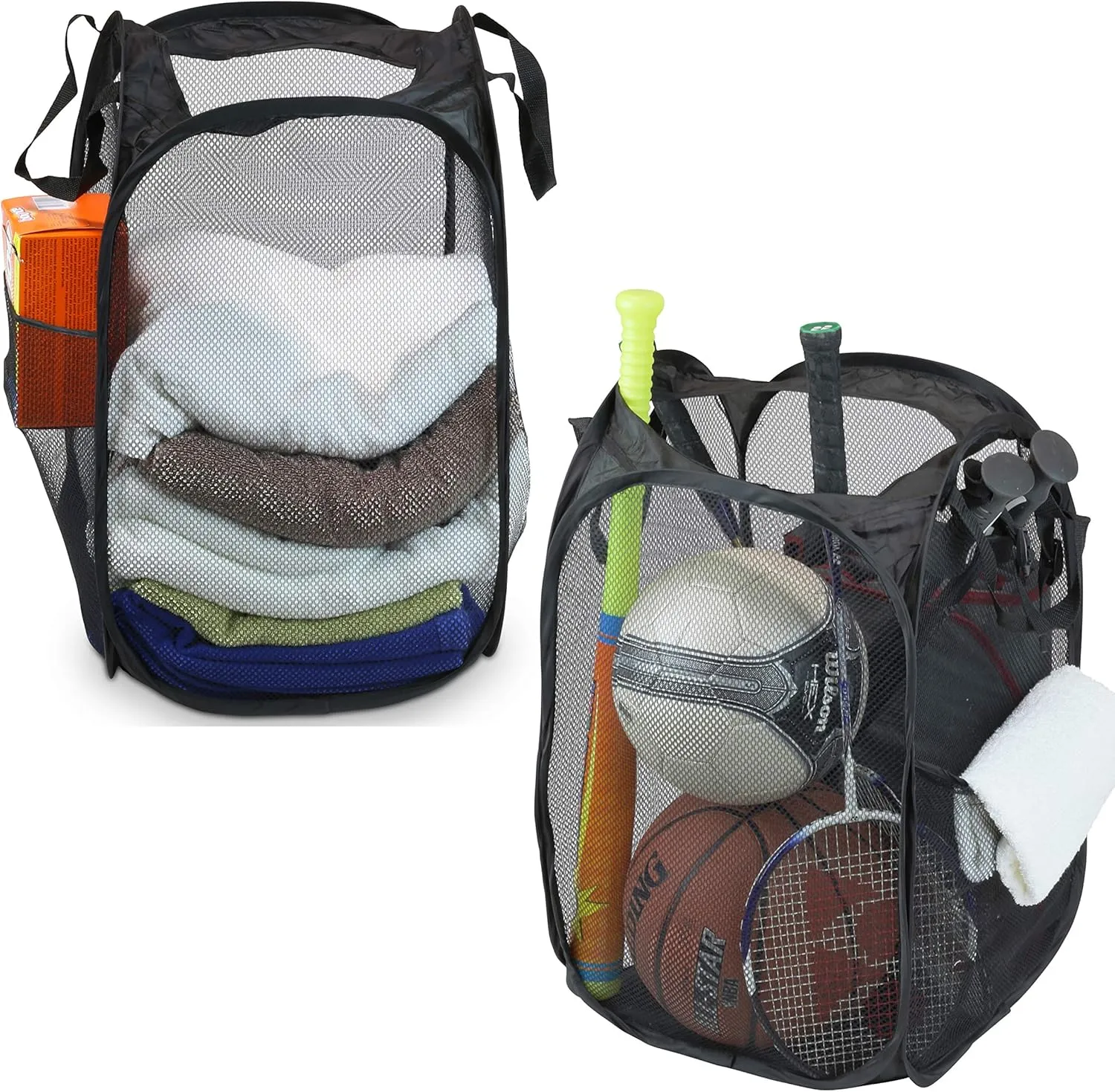 Simple Houseware Mesh Pop-Up Laundry Hamper Basket with Side Pocket, Black - 2 Pack