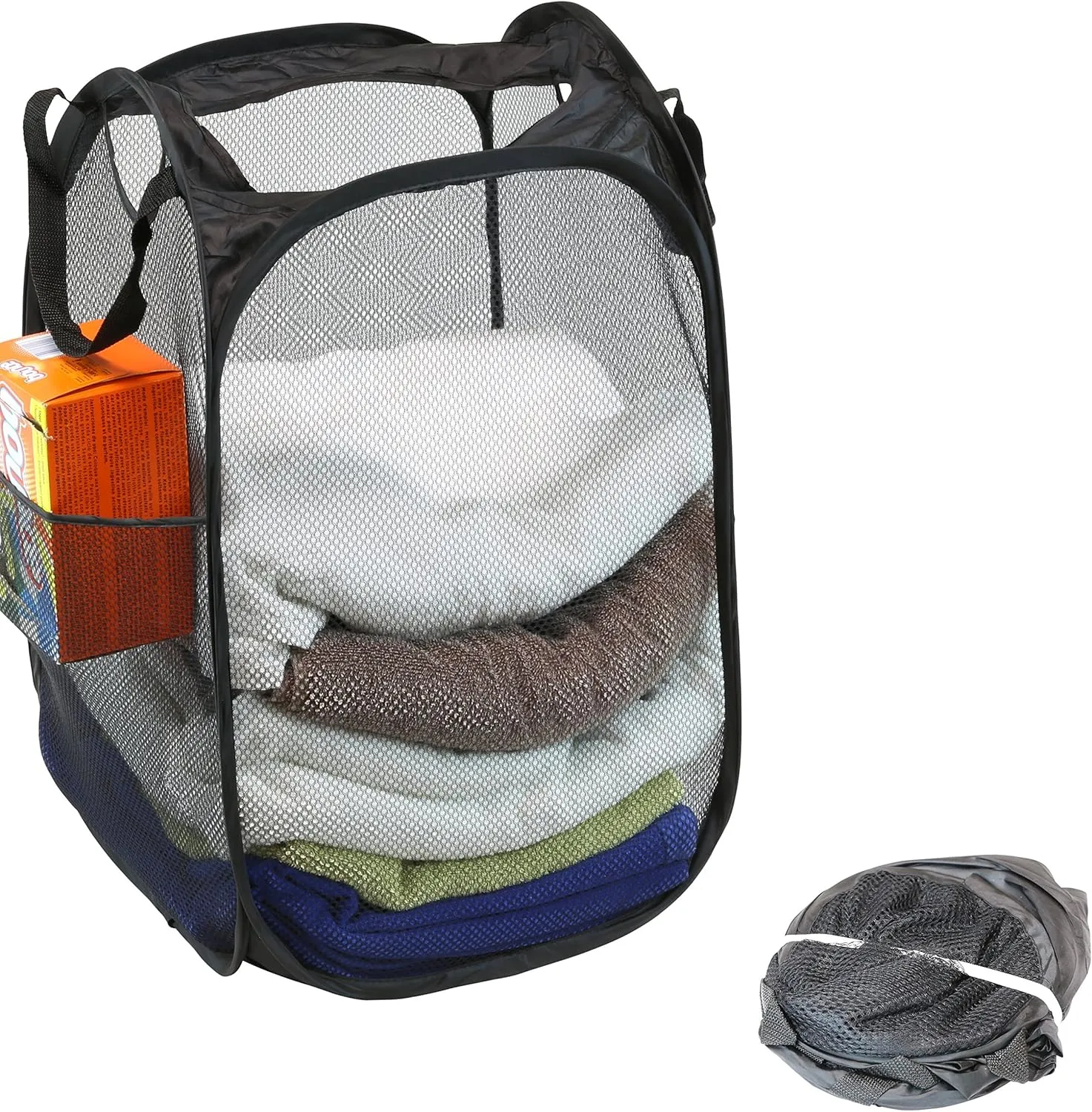 Simple Houseware Mesh Pop-Up Laundry Hamper Basket with Side Pocket, Black - 2 Pack