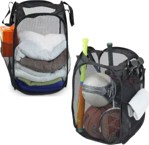 Simple Houseware Mesh Pop-Up Laundry Hamper Basket with Side Pocket, Black - 2 Pack