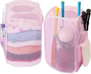 Simple Houseware Mesh Pop-Up Laundry Hamper Basket With Side Pocket, Pink - 2 Pack
