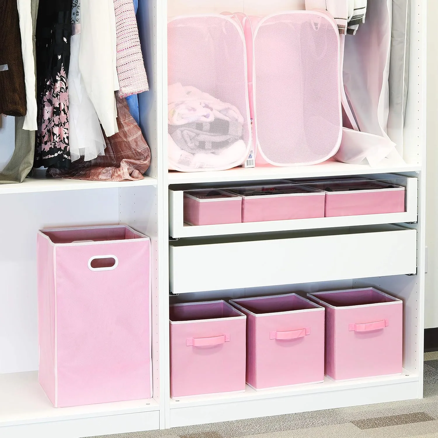 Simple Houseware Mesh Pop-Up Laundry Hamper Basket With Side Pocket, Pink - 2 Pack