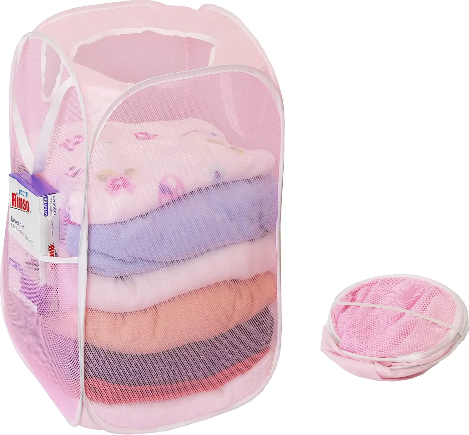 Simple Houseware Mesh Pop-Up Laundry Hamper Basket With Side Pocket, Pink - 2 Pack
