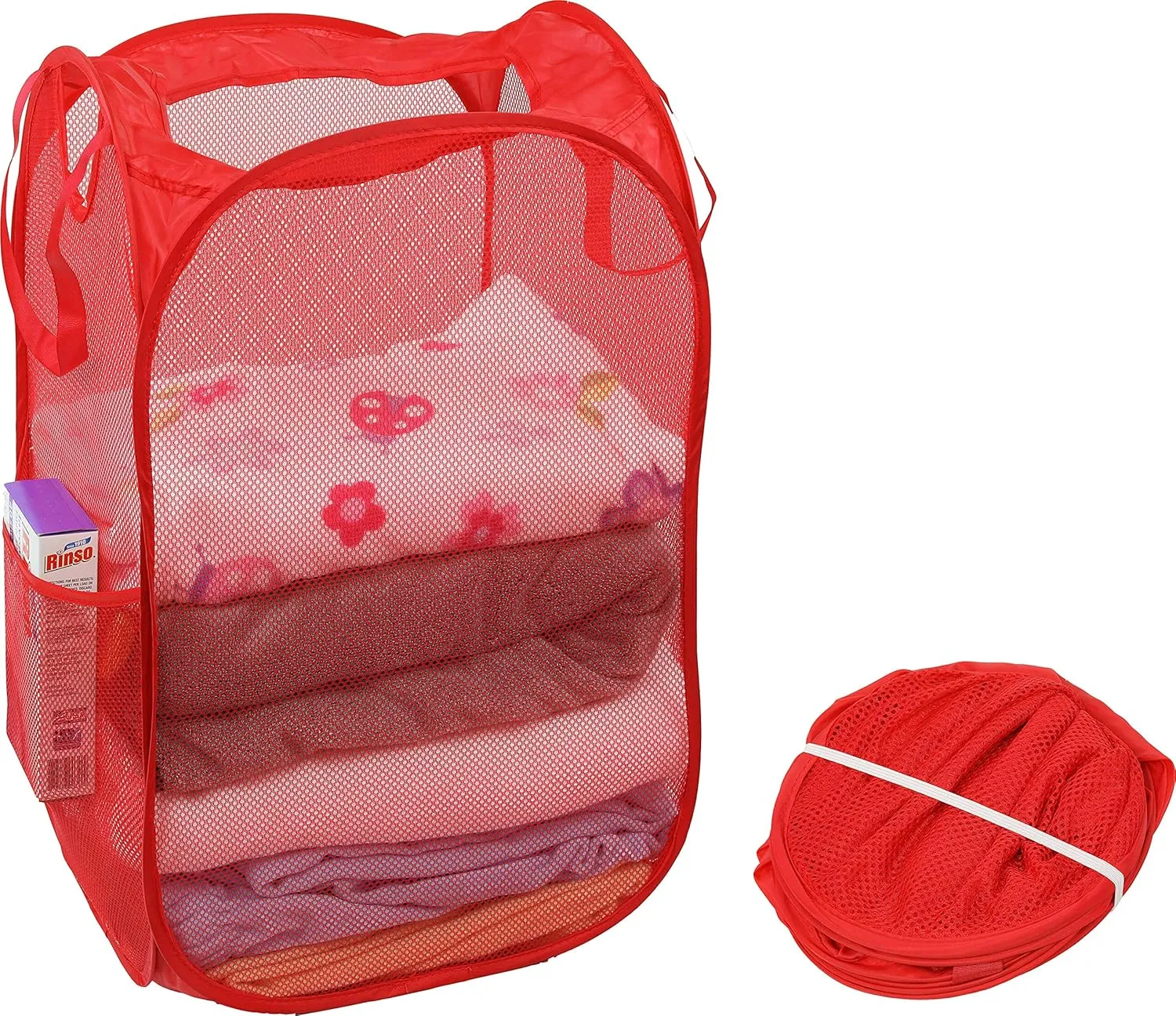 Simple Houseware Mesh Pop-Up Laundry Hamper Basket with Side Pocket, Red - 2 Pack