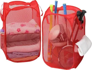 Simple Houseware Mesh Pop-Up Laundry Hamper Basket with Side Pocket, Red - 2 Pack
